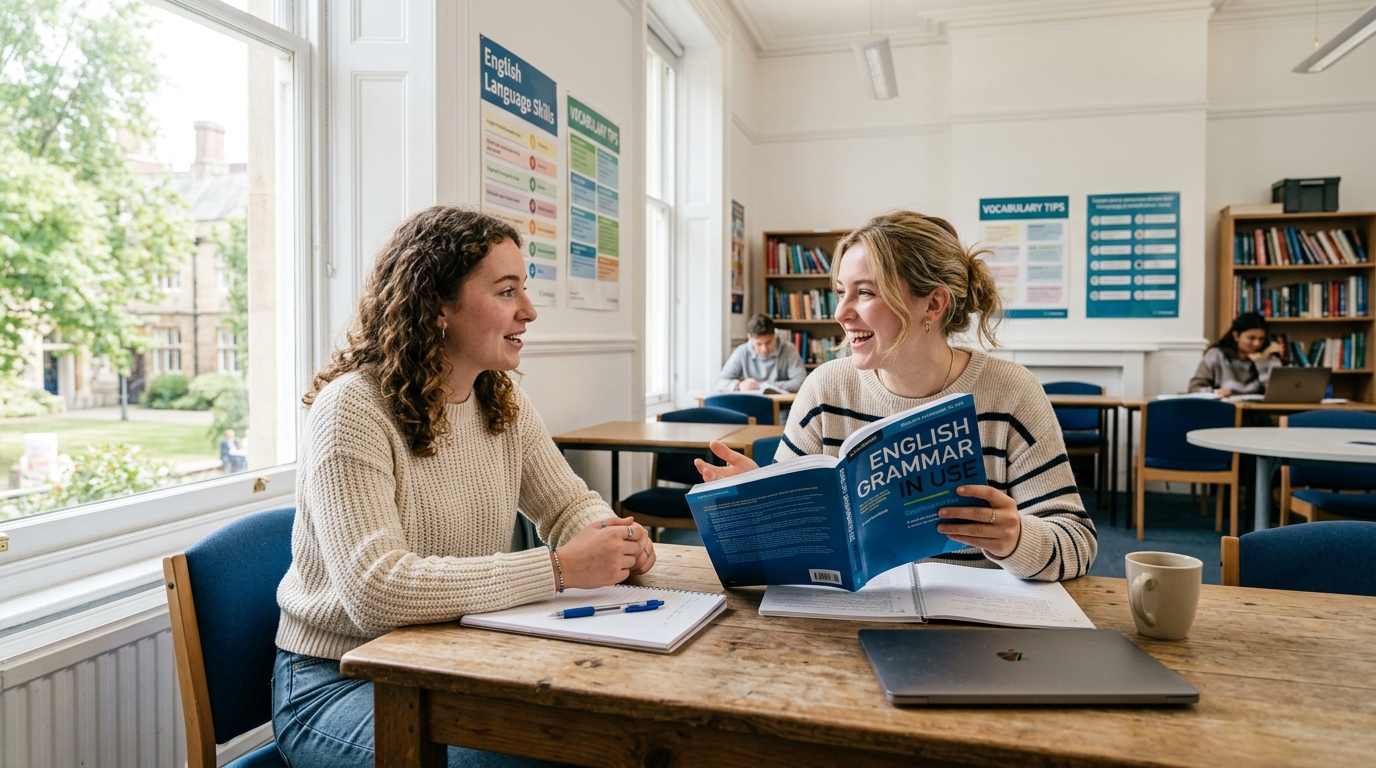Two students practicing English conversation