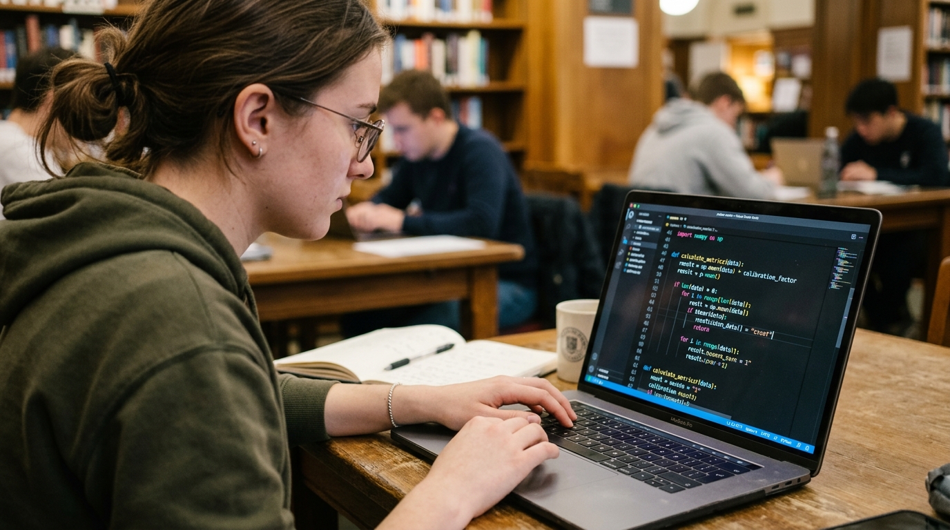 Close-up of a student coding