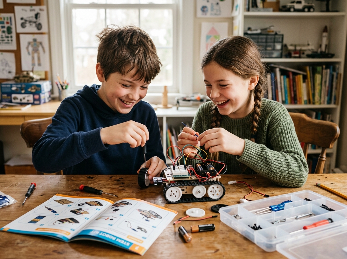 Two children (ages 10–12) assembling a small robot